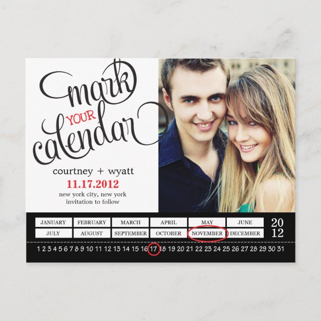 Chic Calendar Photo Save Date Postcard Meddelande Vykort (Framsida)