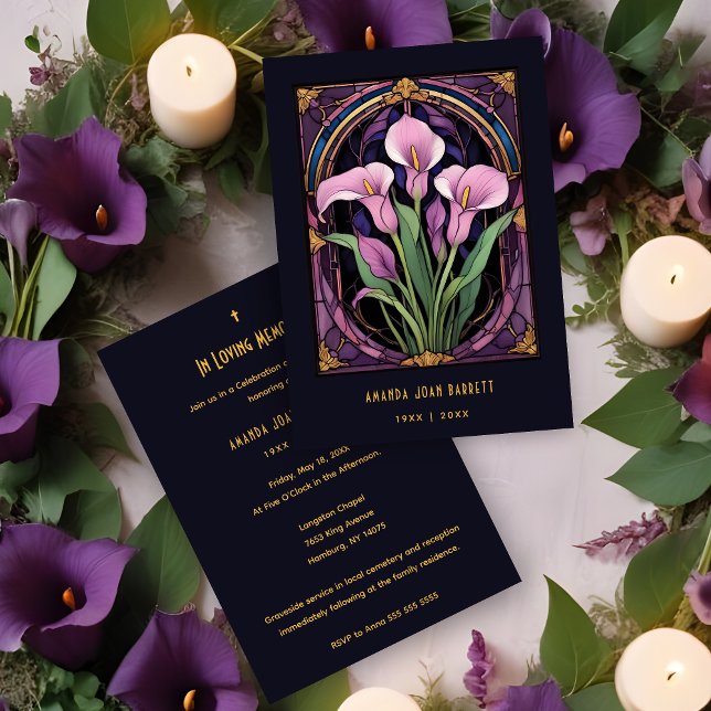 Chic Callas Bouquet Purple Shades Stained Glass Inbjudningar (Romantic Callas Bouquet in Purple Shades Stained Glass Effect Funeral Invitations Cards.)