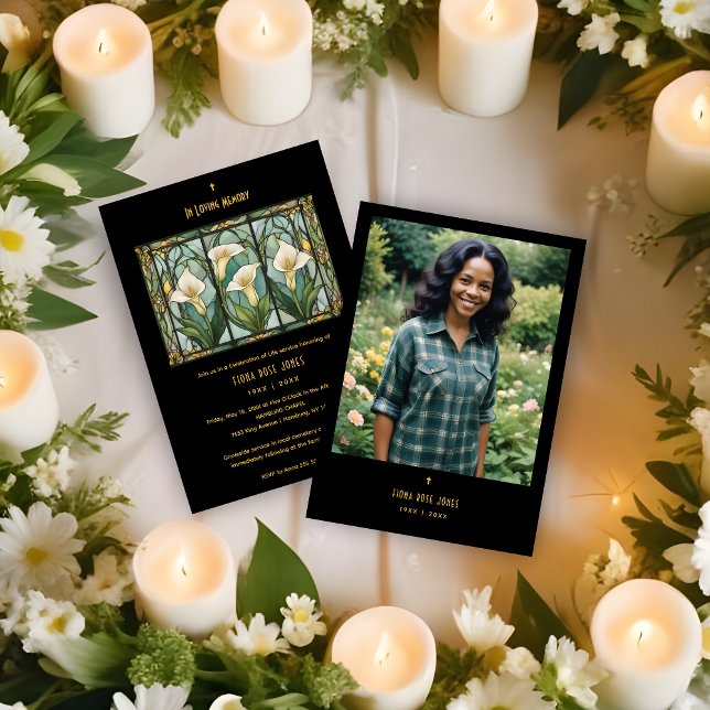 Chic Callas White Bouquet Stained Glass Photo Inbjudningar (Romantic Callas Bouquet in White & Green Shades Stained Glass Effect Photo Funeral Invitations Cards)