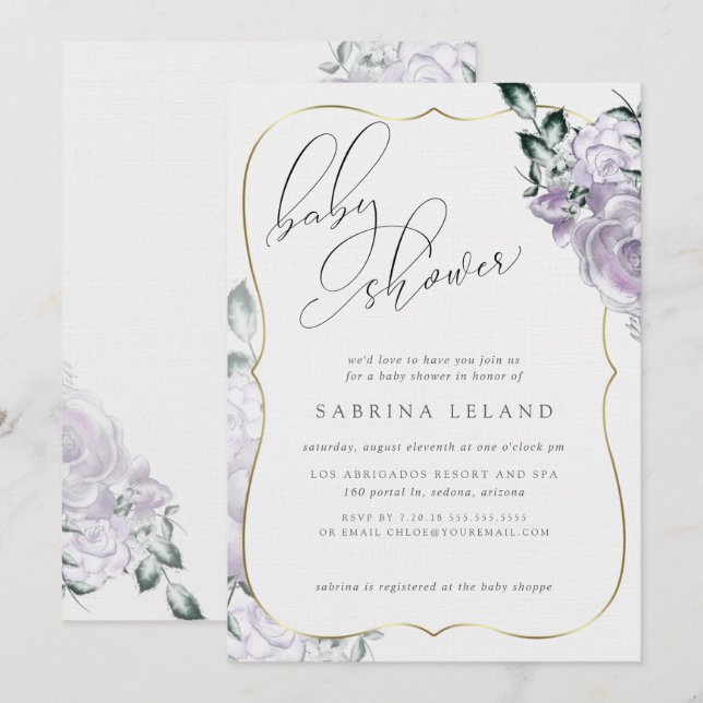 Chic Calligraphy Baby Shower Lavender Blommigt Ro Inbjudningar (Fram/baksida)