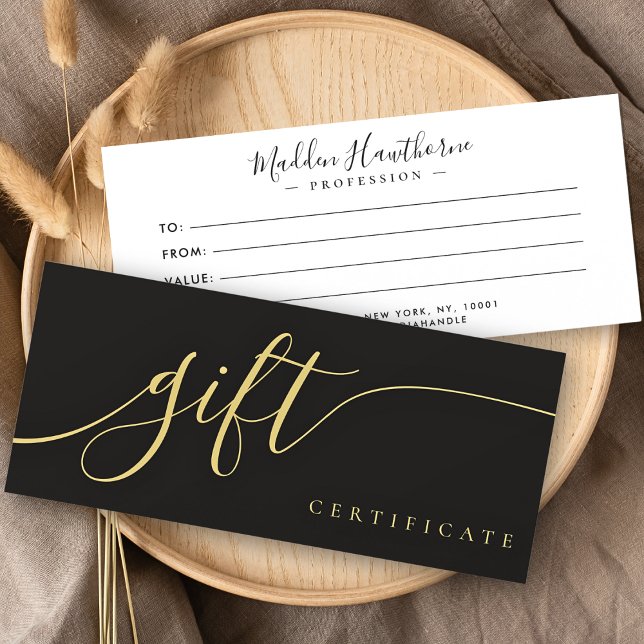 Chic Calligraphy Black Guld Gift Certificate Card (Skapare uppladdad)