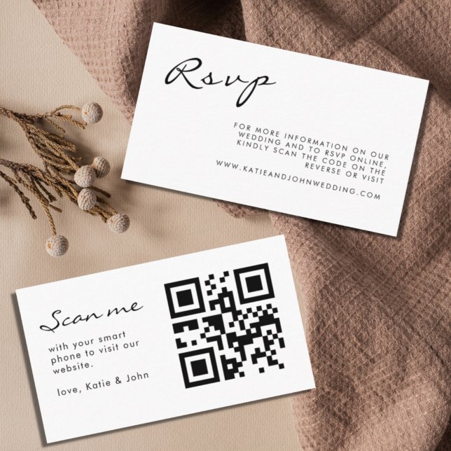 Chic Calligraphy Black White Bröllop QR Code OSA Tilläggskort (Skapare uppladdad)