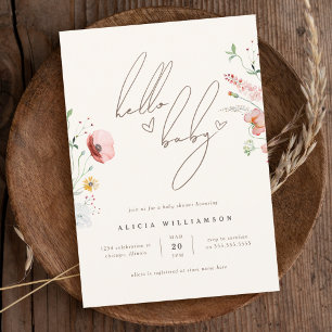 Chic Calligraphy Boho WildblomGirl Baby Shower Inbjudningar