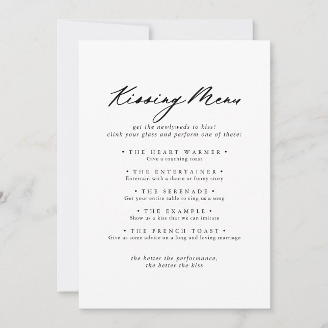 Chic Calligraphy Bröllop Kissing Menu Game Card (Framsida)