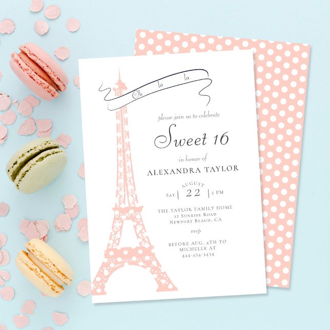 Chic Calligraphy Eiffel Paris Polka dots Sweet 16 Inbjudningar (Skapare uppladdad)