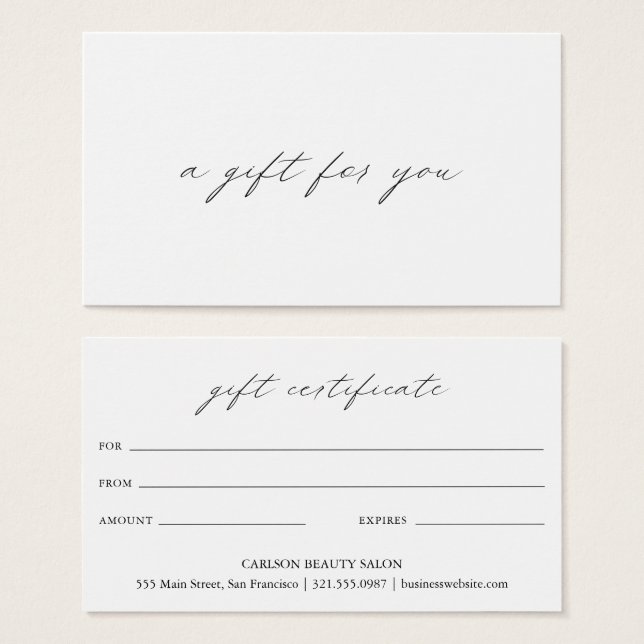 Chic Calligraphy Elegant Business Gift-certifikat Visitkort (Framsida & baksida)