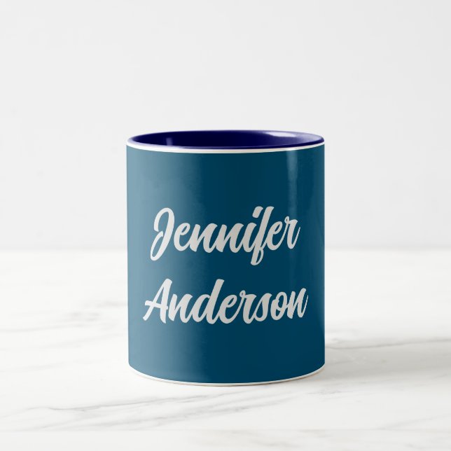 Chic Calligraphy Elegant Ocean Blue Personlig Två-Tonad Mugg (Center)