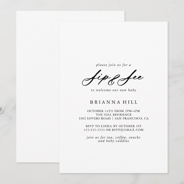 Chic Calligraphy Elegant Sip and See Inbjudningar (Fram/baksida)