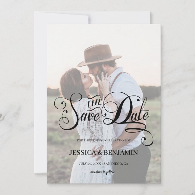 Chic Calligraphy Faux Vellum Effect Photo Bröllop Spara Datumet (Framsida)
