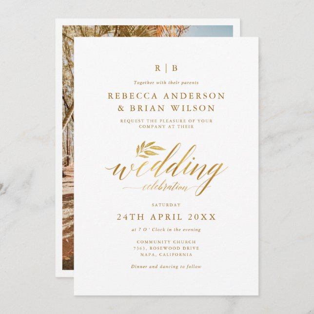 Chic Calligraphy Gold Foil Elegant Photo Bröllop Inbjudningar (Fram/baksida)