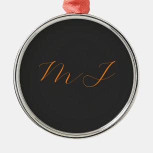 Chic calligraphy grått orange monogram namn initia julgransprydnad metall