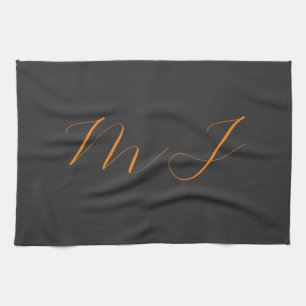 Chic calligraphy grått orange monogram namn initia kökshandduk