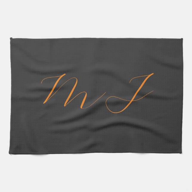 Chic calligraphy grått orange monogram namn initia kökshandduk (Horisontell)