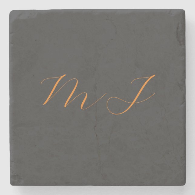 Chic calligraphy grått orange monogram namn initia stenunderlägg (Framsidan)