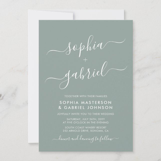 Chic Calligraphy Monogram Sage Grönt Bröllop Inbjudningar (Framsida)