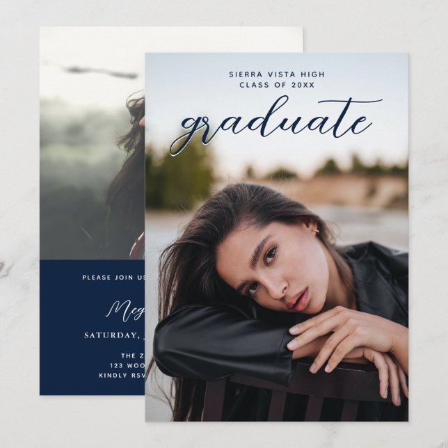 Chic Calligraphy Navy Blue Two Photo Studenten Inbjudningar (Fram/baksida)
