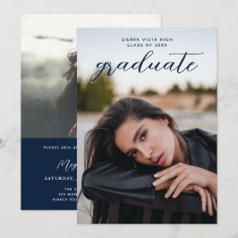 Chic Calligraphy Navy Blue Two Photo Studenten Inbjudningar
