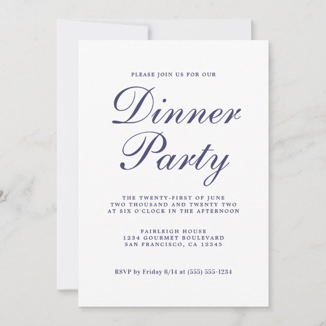 Chic Calligraphy Navy Blue White Dinner Party Inbjudningar (Framsida)
