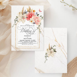 Chic Calligraphy Rosa Blommigt Bröllop Inbjudningar