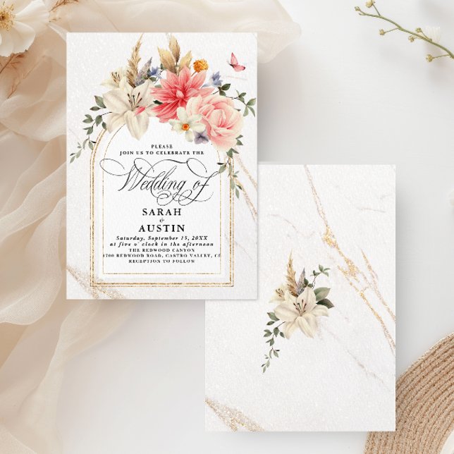 Chic Calligraphy Rosa Blommigt Bröllop Inbjudningar (Skapare uppladdad)
