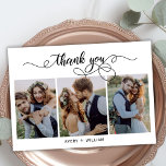 Chic Calligraphy Script 3 Photo Collage Bröllop Tack Kort<br><div class="desc">Elegant Modern Calligraphy Chic Script Photo Bröllop - tackkort. Snyggt bröllop tackar dig för att du har en mall med tre bilder på framsidan med texten "Tack" i ett snabbt vismiskt handskriftsskript med typsnittet svan. 2-sidigt kort på baksidan (1) foto. Du kan enkelt anpassa ditt namn och tacka för ditt...</div>