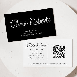 Chic Calligraphy Script Modern Black White QR-kod Visitkort