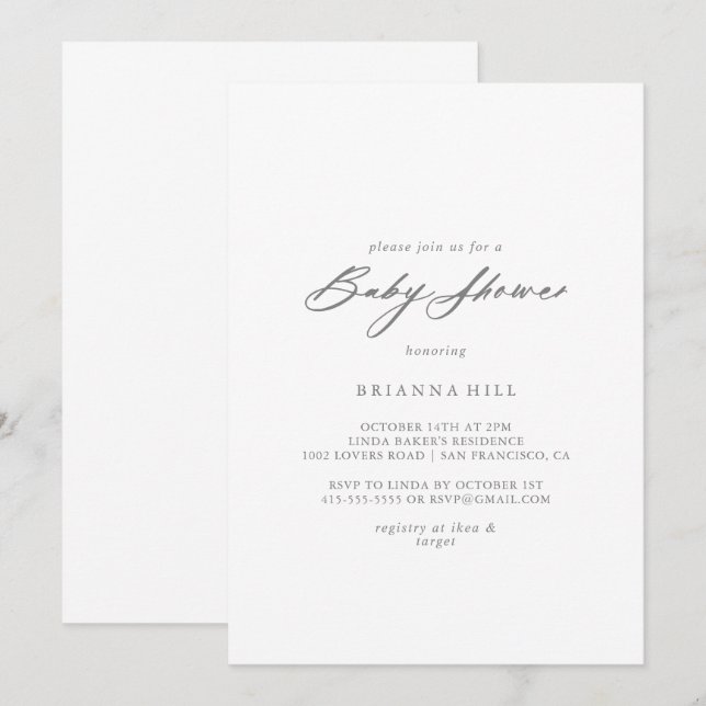 Chic Calligraphy Silver Baby Shower Inbjudningar (Fram/baksida)