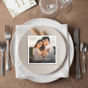 Chic Calligraphy White Overlay Text Photo Bröllop Pappersservett