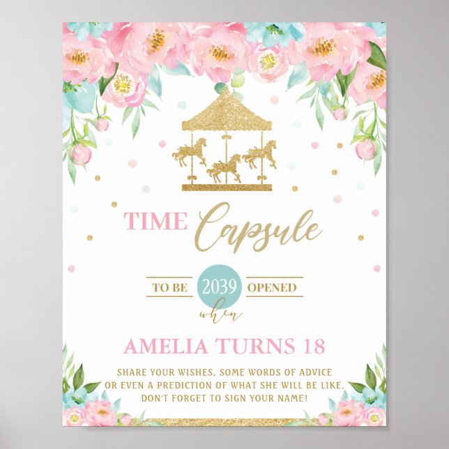 Chic Carousel Rosa Mint Blommigt Time Capsule-teck Poster (Framsidan)