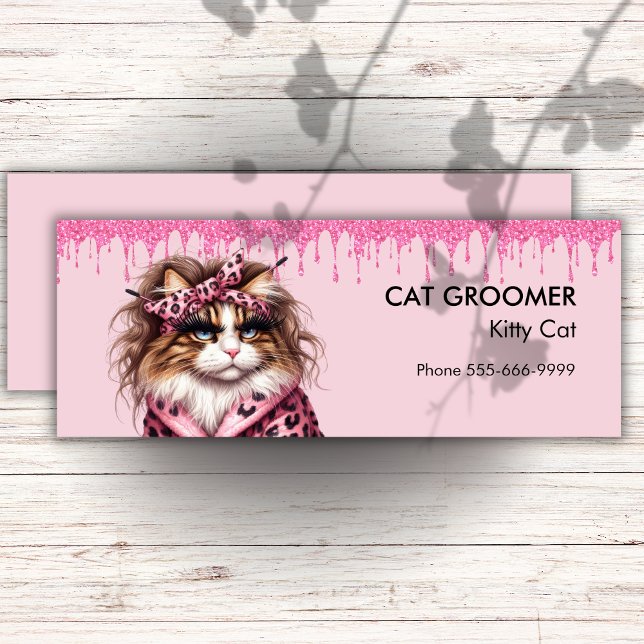 Chic Cat Groomer Sitter Rosa Glitter-drivning Mini Visitkort (Skapare uppladdad)
