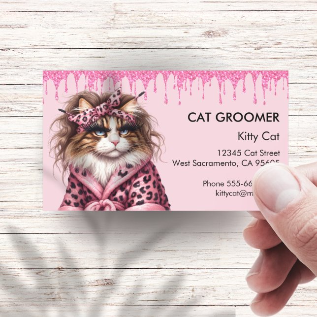 Chic Cat Groomer Sitter Rosa Glitter-drivning Visitkort (Skapare uppladdad)