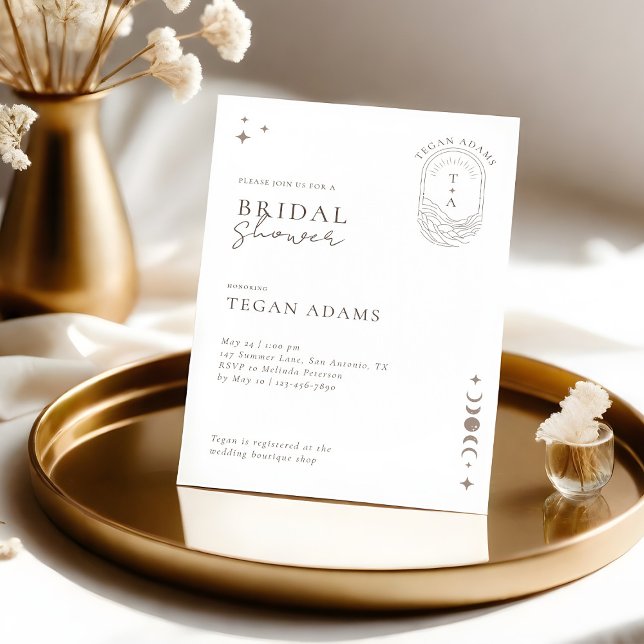 Chic Celestial Måne Stars Monogram Möhippa Inbjudningar (Chic Celestial Moon Stars Monogram Bridal Shower Invitation)