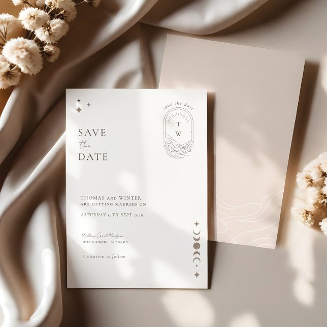 Chic Celestial Måne Stars Monogram Spara datum Inbjudningar (Chic Celestial Moon Stars Monogram Save The Date Invitation)