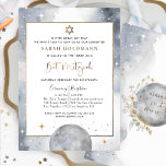 Chic Celestial Silver, Vita och Guld Bat mitzvah Inbjudningar<br><div class="desc">Med den här elegantens berömda Bat mitzvah inbjudan till vänner och familj med den känsliga vattenfärgen himlar, stjärnor och måne i en vacker blandning av silver grått, vita och guld. Tjuliga stjärnor i vit och faux guld foil. Bat mitzvah fras och stjärna av David i faux guld-folie. Tillbaka med den...</div>
