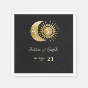 Chic Celestial Svart Guld Sol Måne Monogram Krön Pappersservett