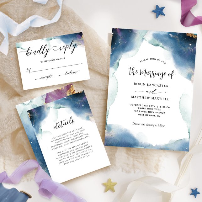 Chic Celestial Watercolor Starry Bröllop Giftermål Inbjudningar (Skapare uppladdad)