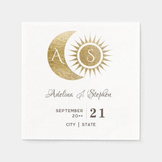 Chic Celestial White Guld Sol Måne Monogram Vapens Pappersservett (Framsidan)