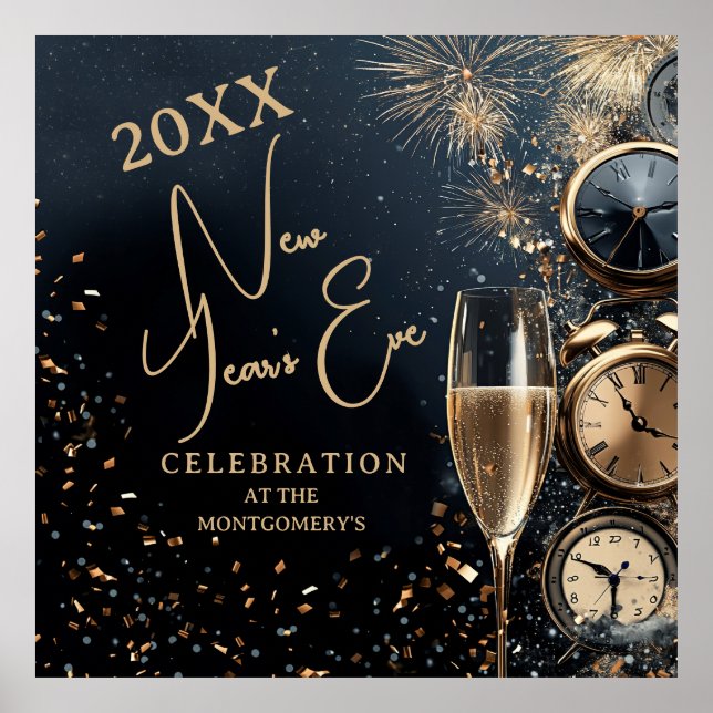 Chic Champagne and Clocks New Year's Eve Party Poster (Framsidan)