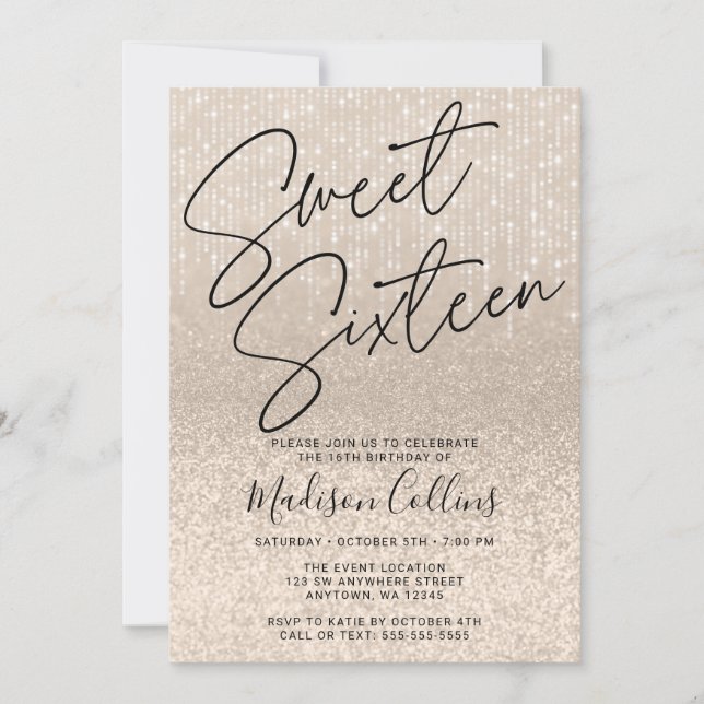 Chic Champagne Glitter Sweet 16 Inbjudningar (Framsida)