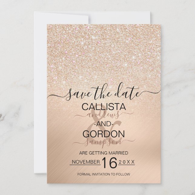 Chic Champagne Guld Glitter Metallic Bröllop Spara Datumet (Framsida)