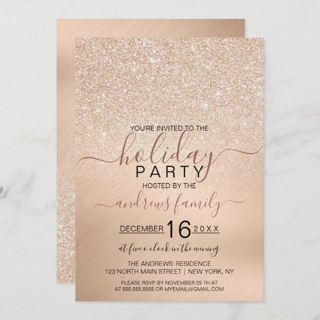 Chic Champagne Guld Glitter Metallic Helgdag Inbjudningar (Fram/baksida)