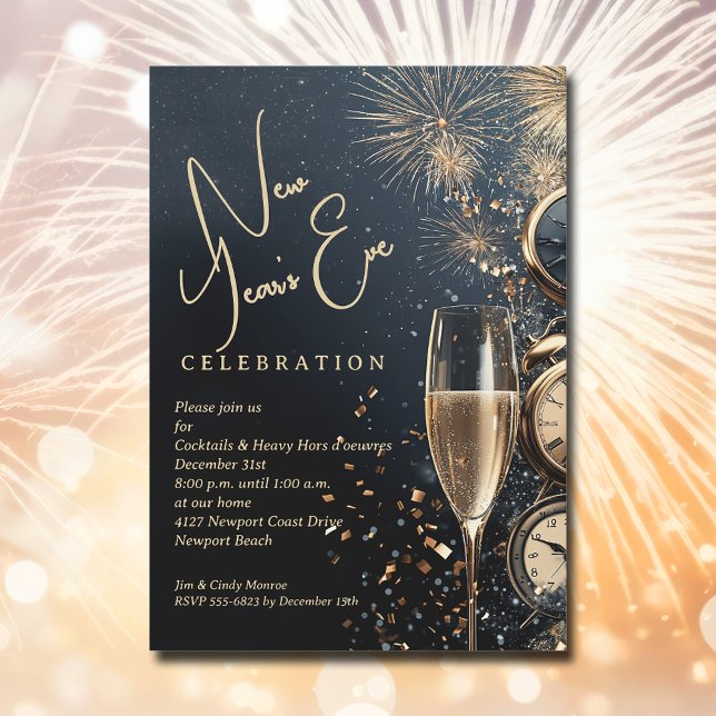 Chic champagne nyårsafton inbjudningar (Chic Champagne and Clocks New Year's Eve party invitations, PRINTED and/or INSTANT DOWNLOAD)