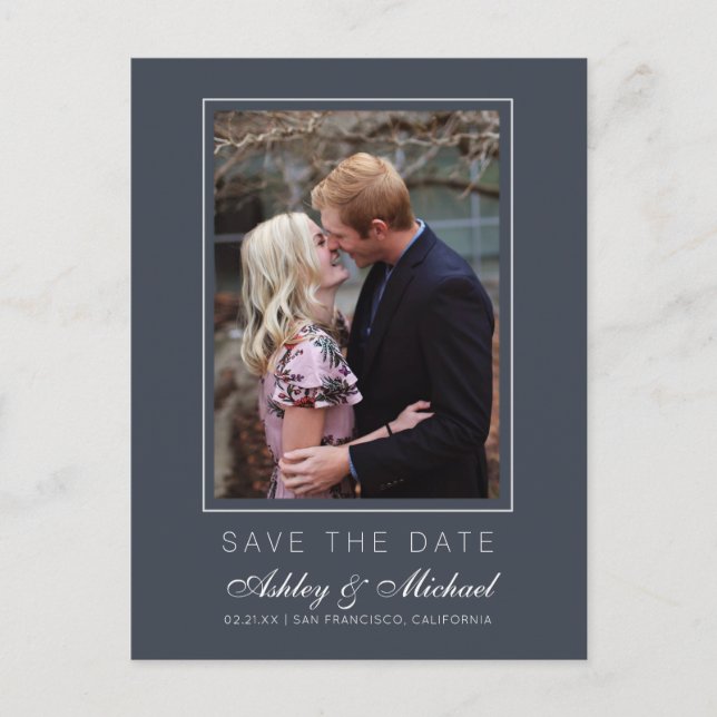 Chic Charcol Blue Save the Date Förlovning Photo Meddelande Vykort (Framsida)