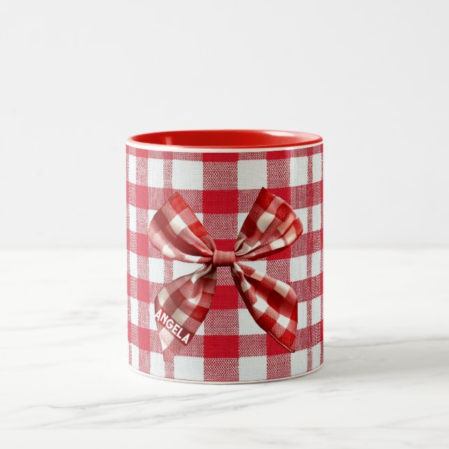 Chic Check Bow Red and White Gingham Två-Tonad Mugg (Center)