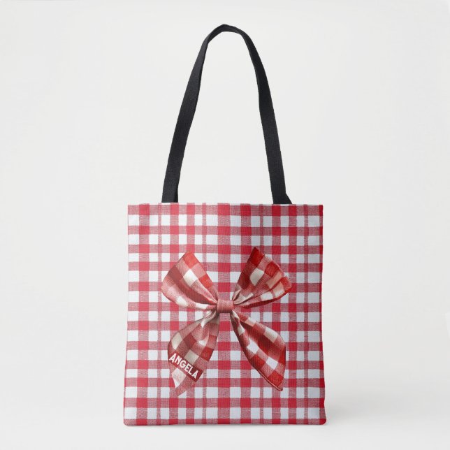 Chic Check Bow Red and White Gingham Tygkasse (Framsida)