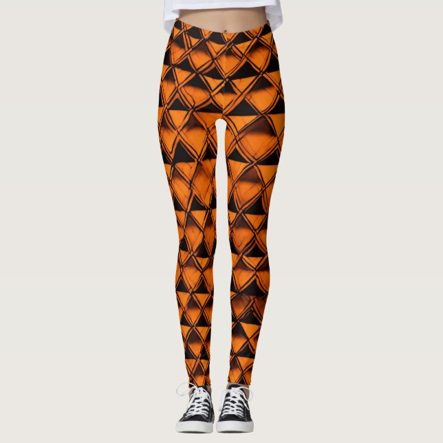 Chic Checkered Fusion: Orange & Black Leggings (Framsida)
