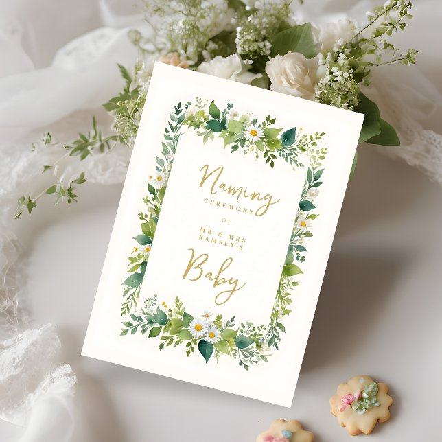 Chic Cheerful Floral Watercolor Naming Ceremony Inbjudningar (Chic Cheerful Floral Watercolor Frame Effect Naming Ceremony Invitation Card. )