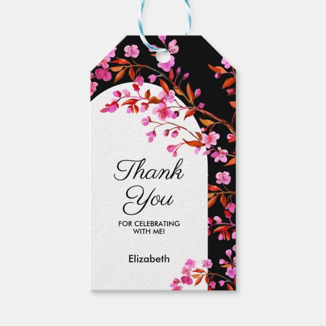 Chic Cherry Blommar Sakura Black White Birthday Presentetikett (Framsidan)
