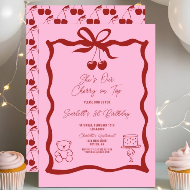 Chic Cherry on Top Bow Rosa and Red 1st Birth Inbjudningar (She's Our Cherry on Top 1st Birthday Invitation, Red and Pink, Chic Trendy Modern, Bow, Sweet One)