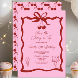 Chic Cherry on Top Bow Rosa and Red Birthday Inbjudningar